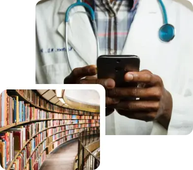 Library and doctor checking phone